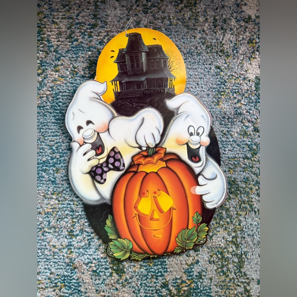 Vintage Beistle ghost pumpkin paper double sided Halloween wall hanging